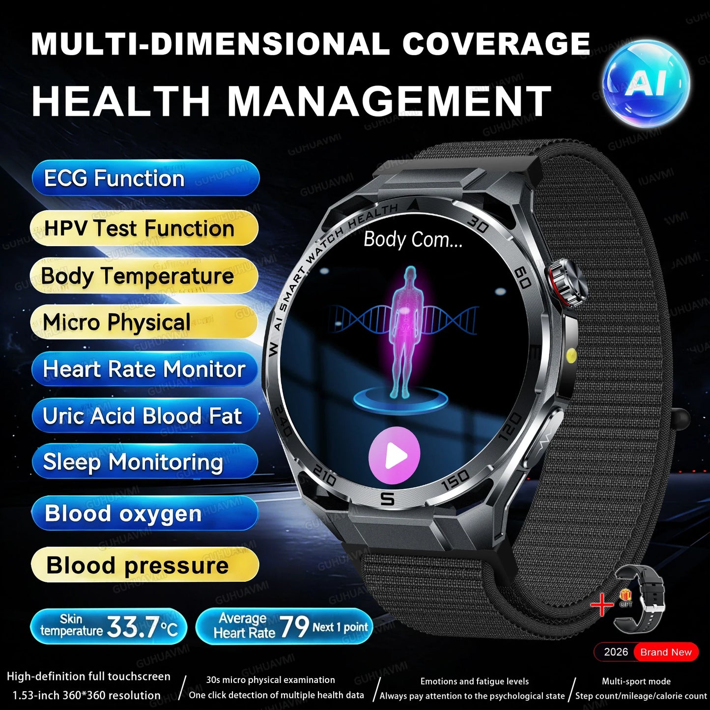 Nuovo Smartwatch 2026 con Analisi AI del Grasso Corporeo, ECG+PPG, Acido Urico, Pressione Sanguigna, Ossigeno nel Sangue, Chiamate, Schermo AMOLED per Uomini e Donne