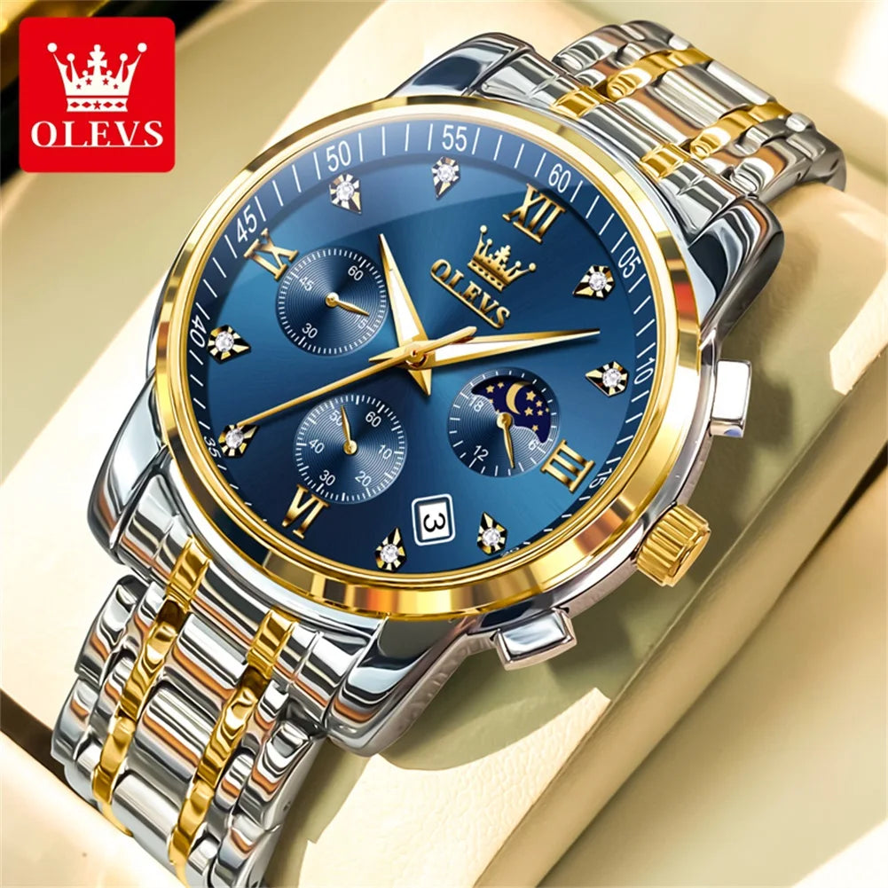 OLEVS 2858 Orologio da Uomo in Acciaio Inossidabile, Impermeabile, Antigraffio, con Fasi Lunari, Luminoso, Cronografo, Orologio da Polso al Quarzo di Lusso