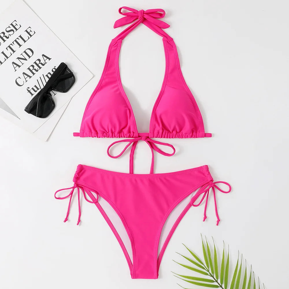 Costume da bagno bikini sexy con laccetti al collo a vita bassa nero/rosso/rosa, due pezzi, stile brasiliano, in saldo