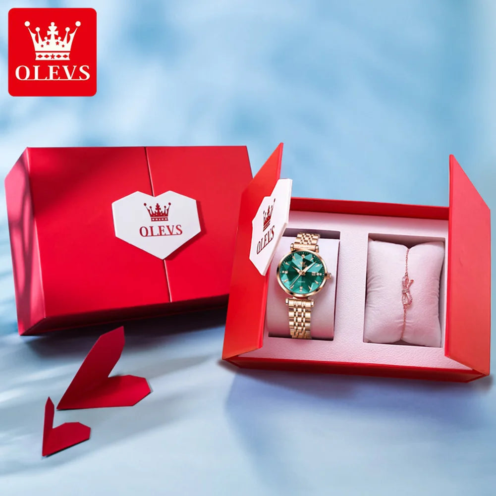 OLEVS 5536 Orologio da donna al quarzo con diamanti di marca di lusso Moda elegante orologio da donna impermeabile in oro rosa con bracciale Set Reloj Mujer