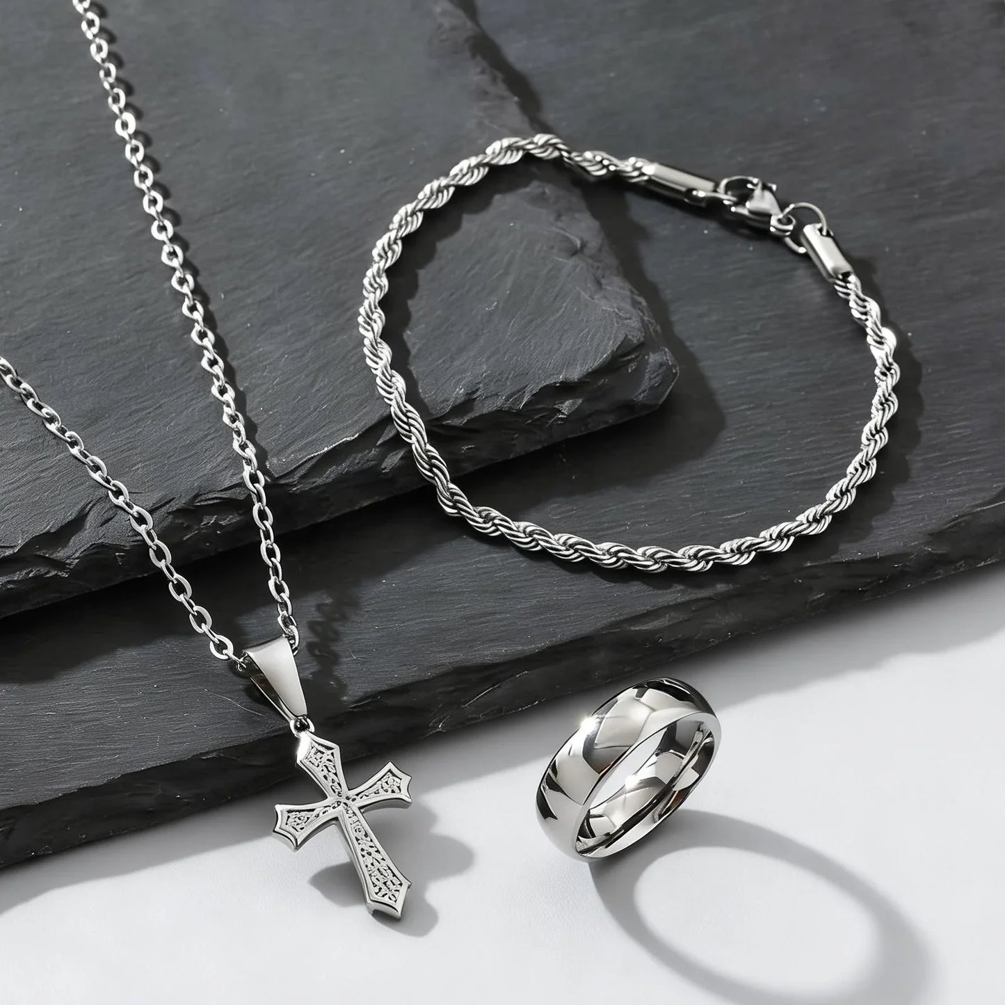 Set di Gioielli Hip Hop da Uomo 3 Pezzi, Ciondolo a Croce in Acciaio Inossidabile, Bracciale con Catena a Corda Intrecciata, Set di Gioielli Regalo per Papà, Figlio, Marito