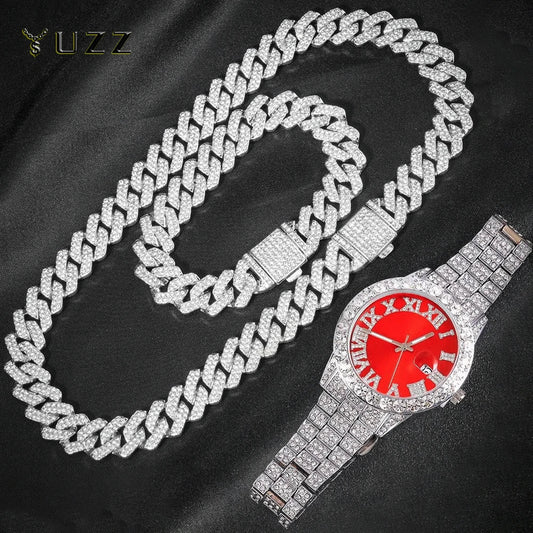 3 pezzi orologio a catena cubana per uomo Hip Hop Miami Curb ghiacciato pavimentato strass rapper collana cubana orologio + braccialetto gioielli
