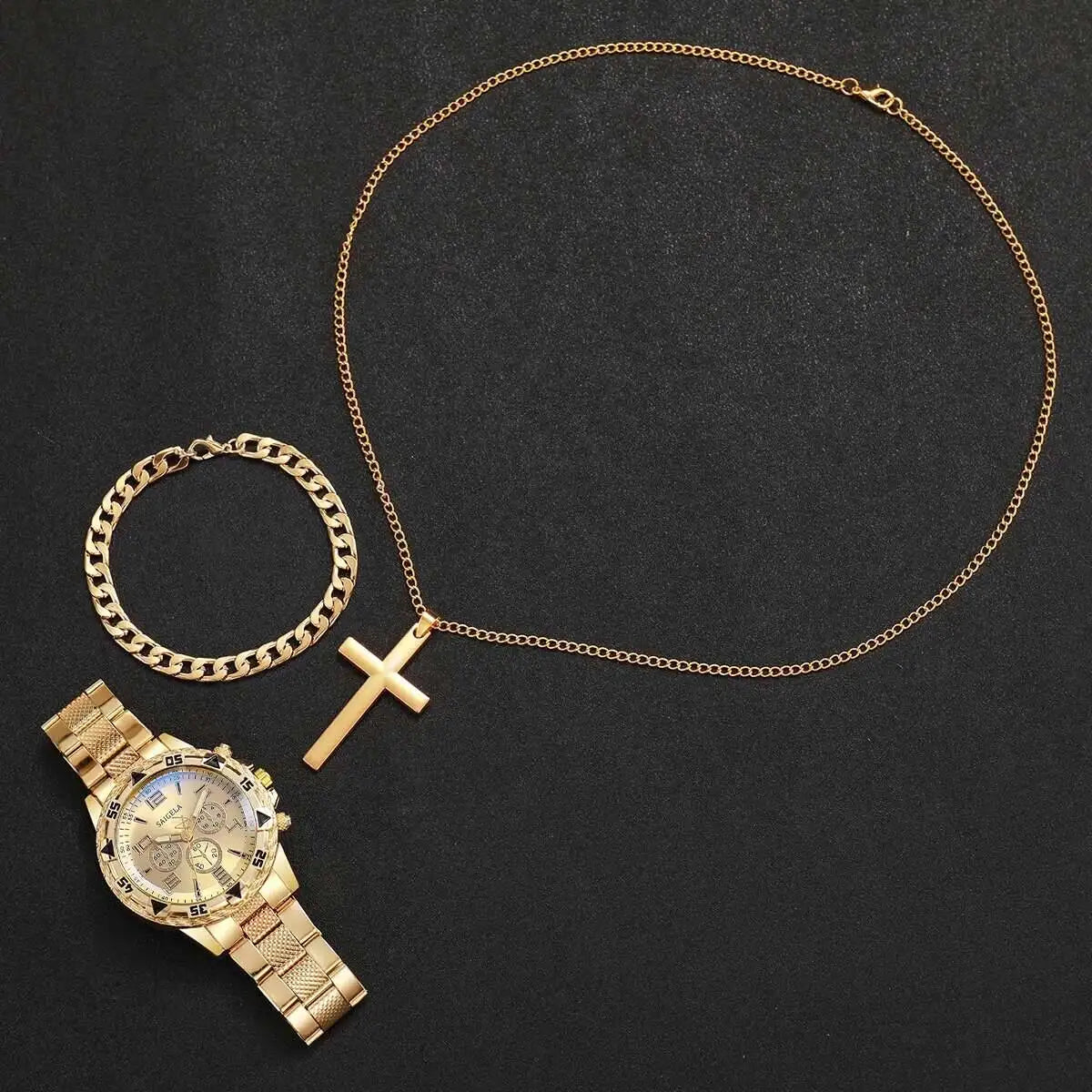 3 pz/set moda quadrante grande orologio al quarzo da uomo orologi da uomo d'affari di lusso collana braccialetto set Reloj Hombre (senza scatola)