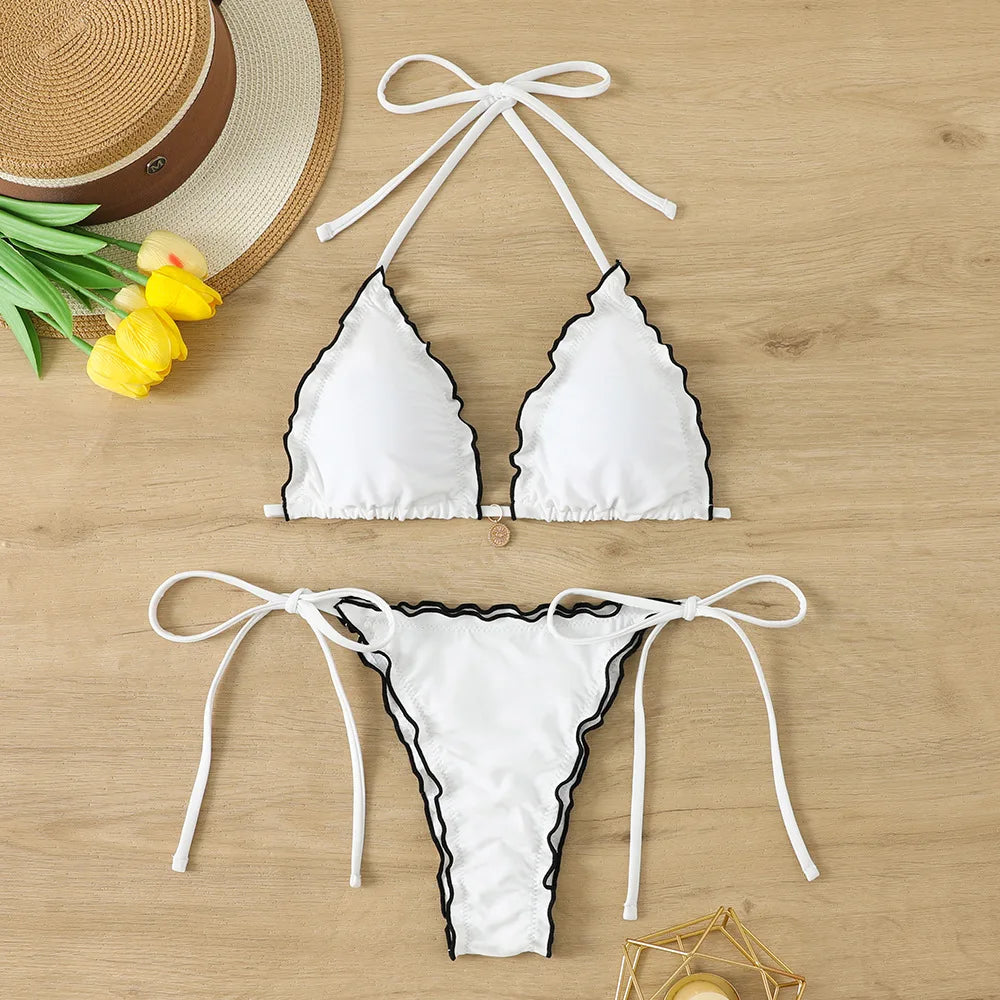 Micro Bikini Donna Due Pezzi Sexy Plissettato Costume da Bagno Femminile 2026 con Lacci Set Bikini da Spiaggia con Perizoma