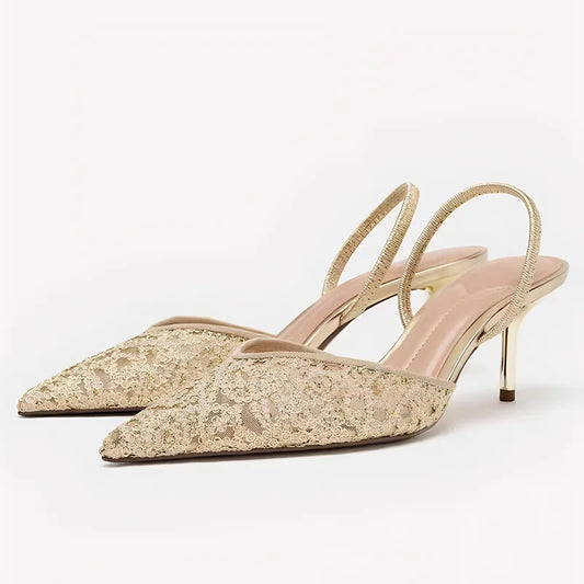 Gold Mesh Embroidered Floral Design Mules Sandals Women Sexy Pointed-Toe Back Strap High Heels for Ladies Elegant Party Shoes