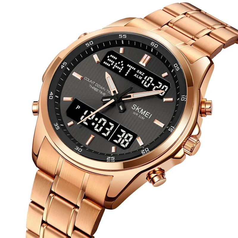 Skmei orologio da polso analogico al quarzo da uomo cinturino in acciaio inossidabile di lusso Led impermeabile digitale sportivo sveglia a tre fusi orari