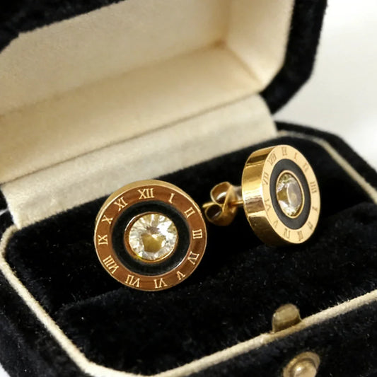 Orecchini a bottone con numeri romani in acciaio inossidabile 316, rotondi, brillanti, con zirconi AAA, diametro 12 mm, per donna, gioielli di marca di alta qualità