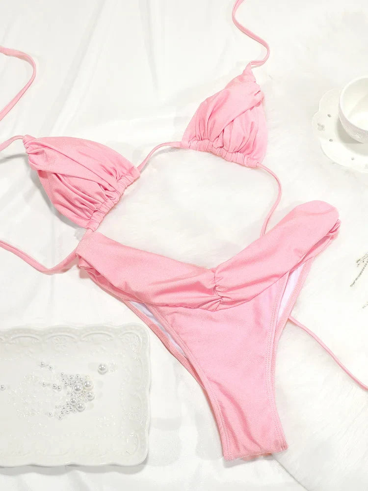 Set Bikini Sexy con Pieghe, Micro Bikini Tinta Unita, Costume da Bagno Femminile a Triangolo, Abbigliamento da Spiaggia