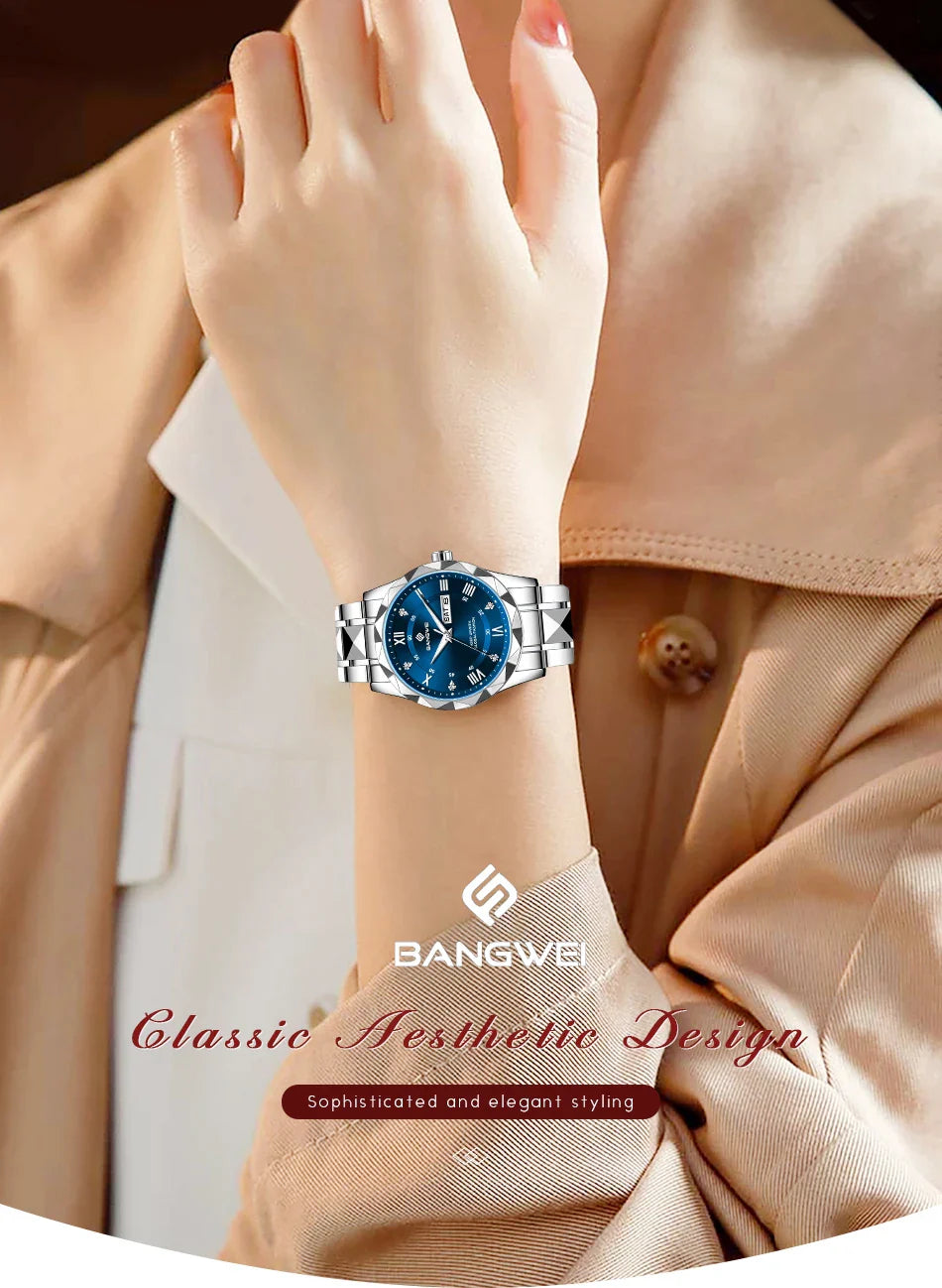 BANGWEI Orologio da donna Orologio di moda classico elegante di lussoBusiness Casual Data Orologi da donna al quarzo luminoso impermeabile in acciaio inossidabile
