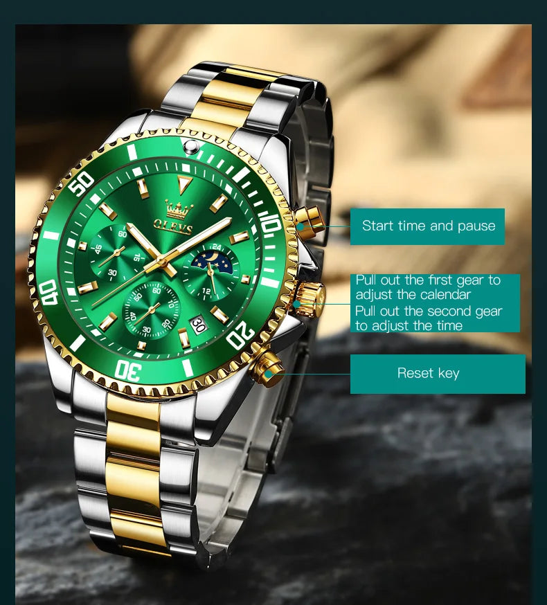 OLEVS Orologi da uomo Orologio di lusso delle migliori marche da uomo Cronografo originale impermeabile in acciaio inossidabile Fasi lunari Data Quadrante Rota