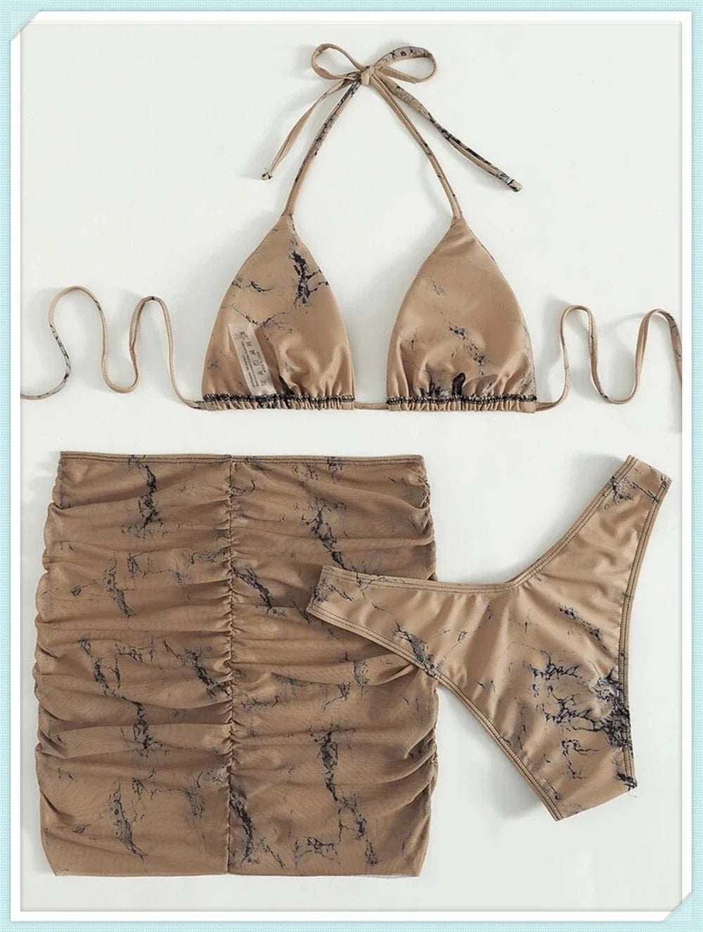 3 pezzi perizoma Bikini con gonna marmo texture costume da bagno donna costume da bagno Set costumi da bagno femminili abbigliamento da spiaggia nuoto estate