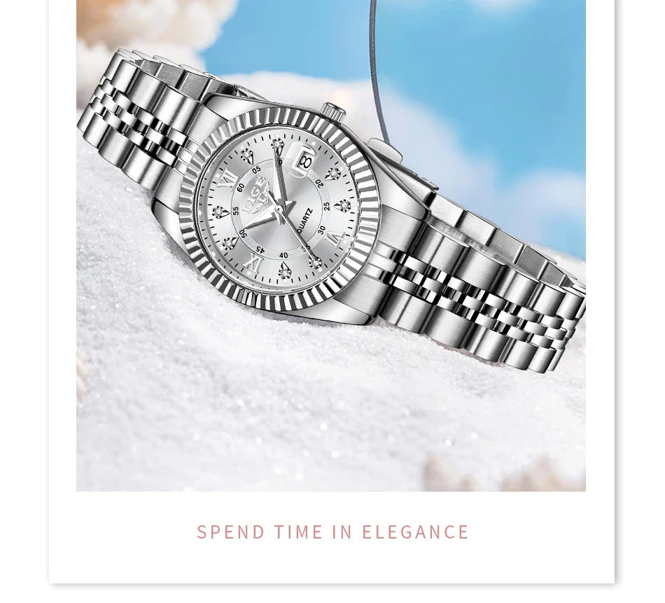 Orologio da Polso LIGE di Lusso con Strass per Donna, Cinturino in Acciaio Inossidabile, Movimento al Quarzo, Regalo, Reloj Mujer