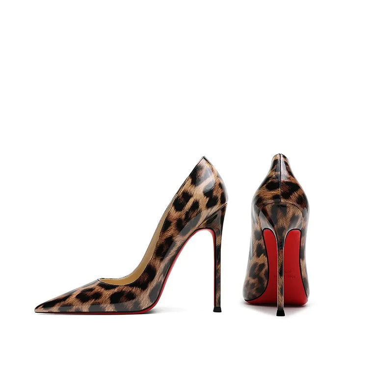 2025 New High Heels Women's Thin Heel French Sexy Leopard Pattern Internet Red Single Shoe 12CM Large Widening Thin Heel