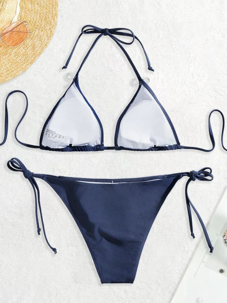 Costumi da bagno Perizoma Bikini Set Sexy Nuovi costumi da bagno blu navy Donna Costumi da bagno sexy Bikini Triangolo Fasciatura Costumi da bagno femminili