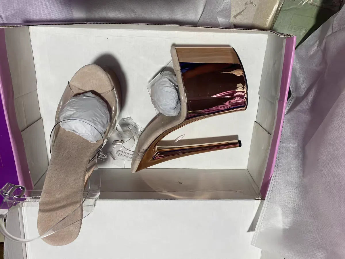 Glossy electroplated Cross dressing 8 inches high heel Stripper 20cm sandals  Clear Exotic Sexy platform pole Dance Sexy womens