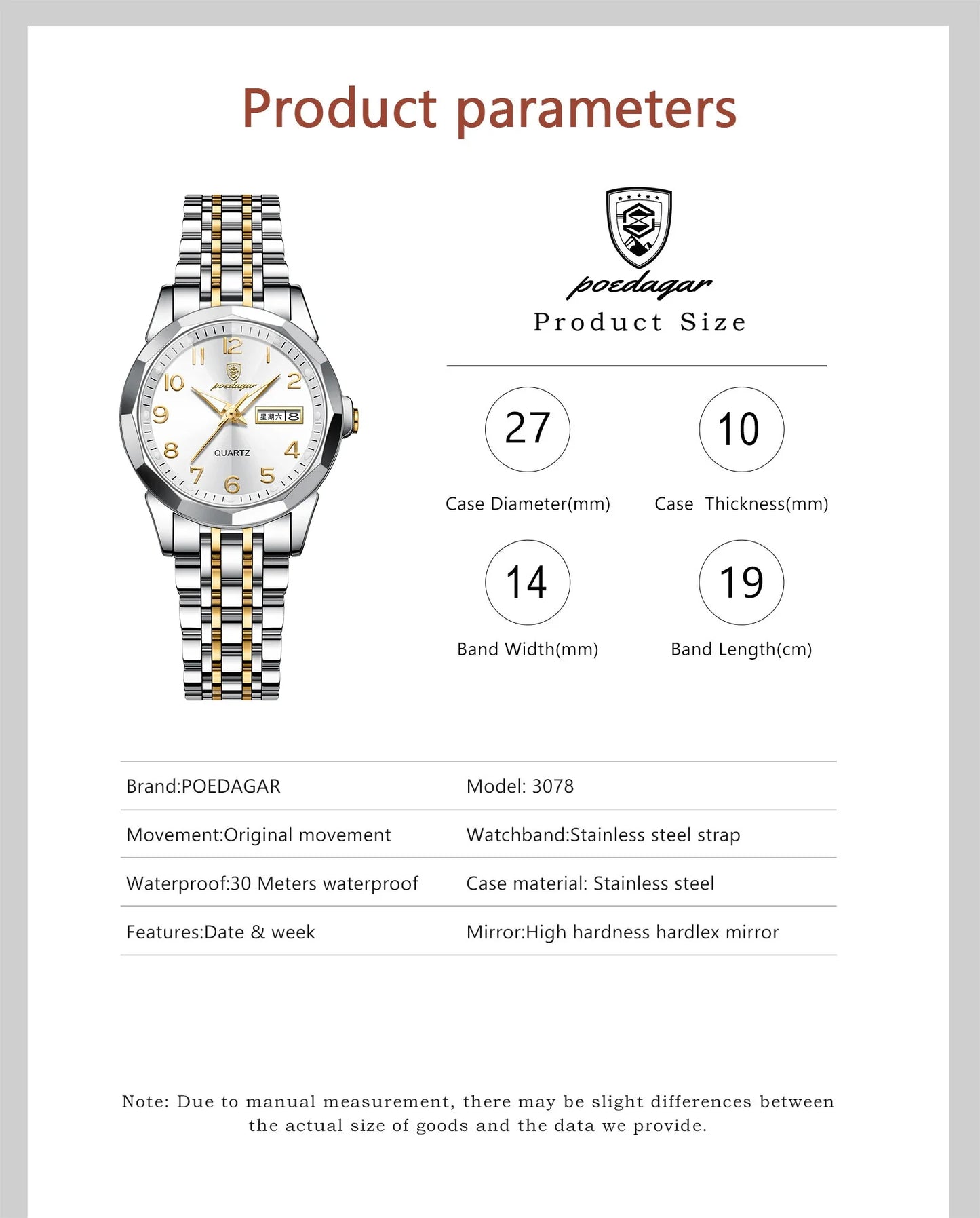 POEDAGAR elegante orologio da polso da donna al quarzo impermeabile luminoso data settimana orologio da donna orologi da donna casual in acciaio inossidabile reloj
