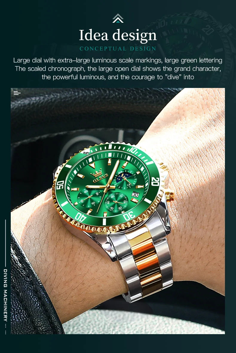 OLEVS Orologi da uomo Orologio di lusso delle migliori marche da uomo Cronografo originale impermeabile in acciaio inossidabile Fasi lunari Data Quadrante Rota