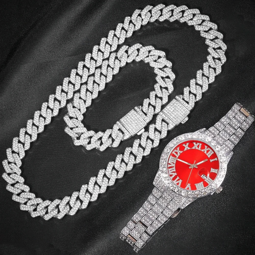3 pezzi orologio a catena cubana per uomo Hip Hop Miami Curb ghiacciato pavimentato strass rapper collana cubana orologio + braccialetto gioielli