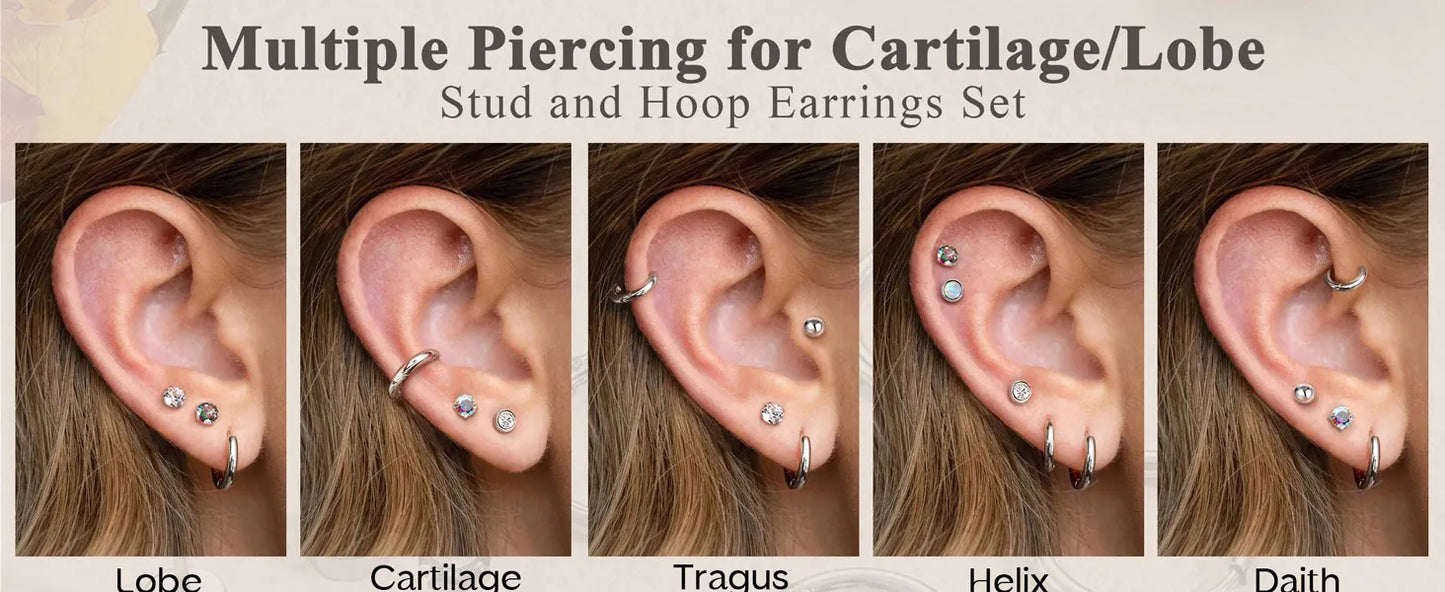 Set di 6 Paia di Orecchini per Piercing Multipli, Piccoli Orecchini a Cerchio, Orecchini a Perno con Zirconi, Opale e Perla per Donne