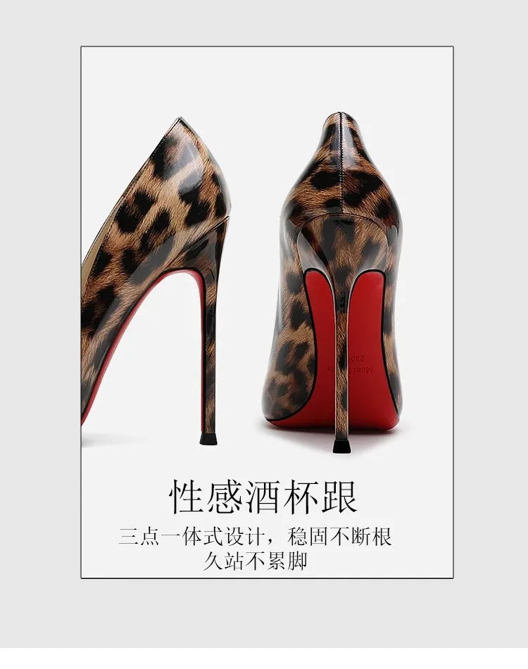 2025 New High Heels Women's Thin Heel French Sexy Leopard Pattern Internet Red Single Shoe 12CM Large Widening Thin Heel