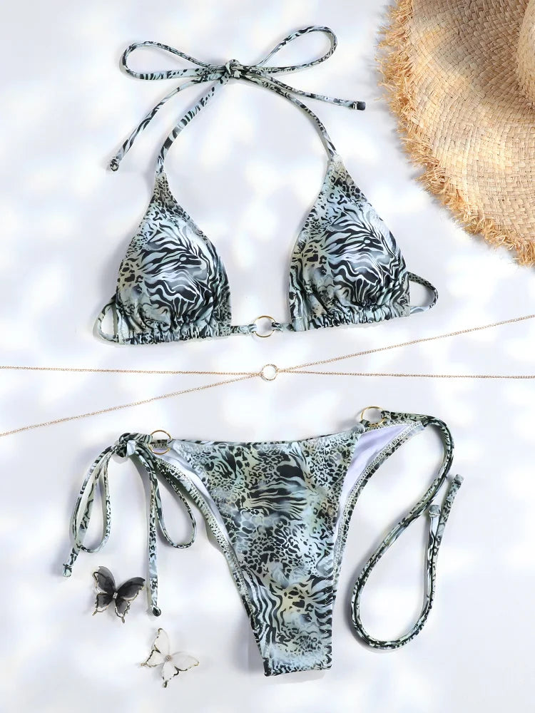 Catene a triangolo sexy Set bikini Micro perizoma Costume da bagno donna Costume da bagno Biquini Fasciatura Costumi da bagno Stampa Costumi da bagno Perizoma Bikini