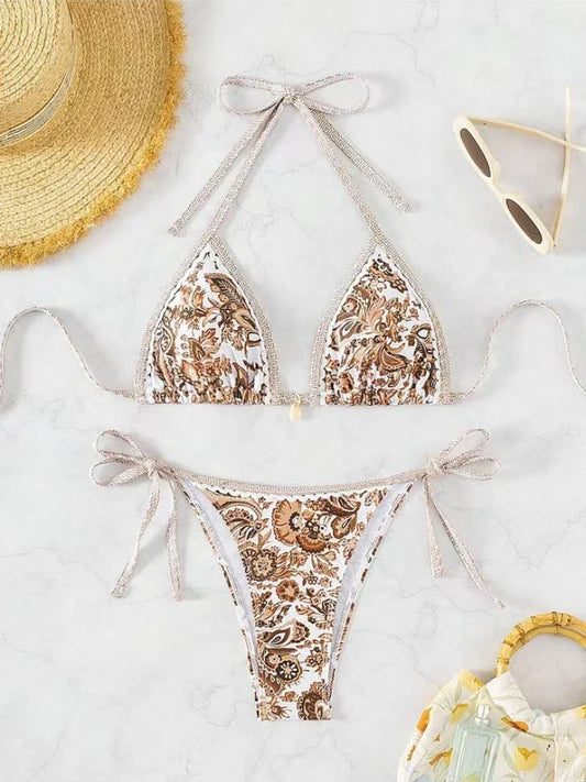 Bikini a triangolo con laccetti da donna, costume da bagno due pezzi, abbigliamento da spiaggia estivo