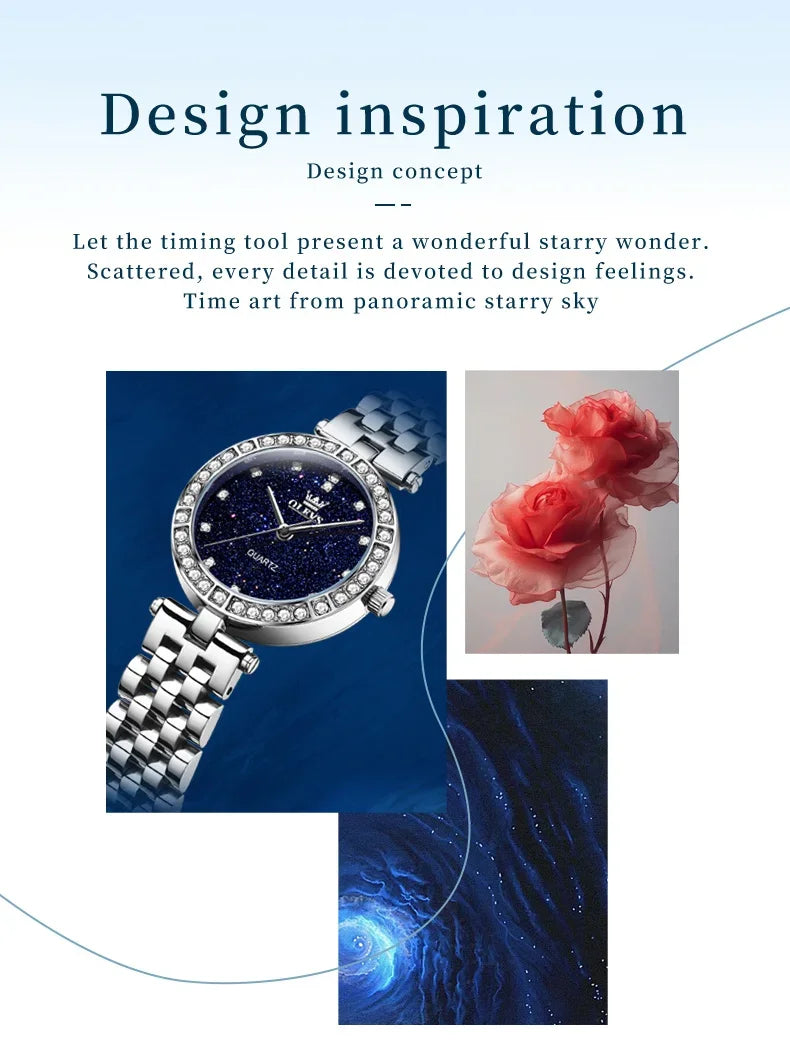 OLEVS 3641 Elegante orologio al quarzo da donna impermeabile Quadrante stellato luminoso in acciaio inossidabile con confezione regalo - Accessorio alla moda da donna