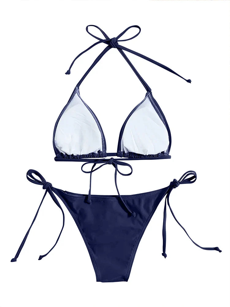 Costumi da bagno Perizoma Bikini Set Sexy Nuovi costumi da bagno blu navy Donna Costumi da bagno sexy Bikini Triangolo Fasciatura Costumi da bagno femminili