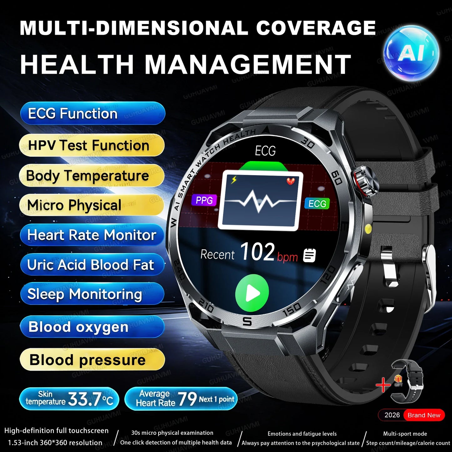 Nuovo Smartwatch 2026 con Analisi AI del Grasso Corporeo, ECG+PPG, Acido Urico, Pressione Sanguigna, Ossigeno nel Sangue, Chiamate, Schermo AMOLED per Uomini e Donne