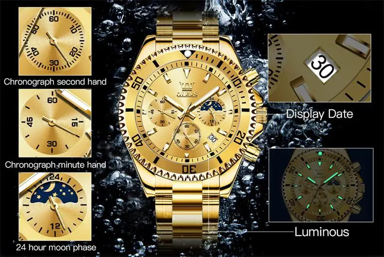 OLEVS Orologi da uomo Orologio di lusso delle migliori marche da uomo Cronografo originale impermeabile in acciaio inossidabile Fasi lunari Data Quadrante Rota