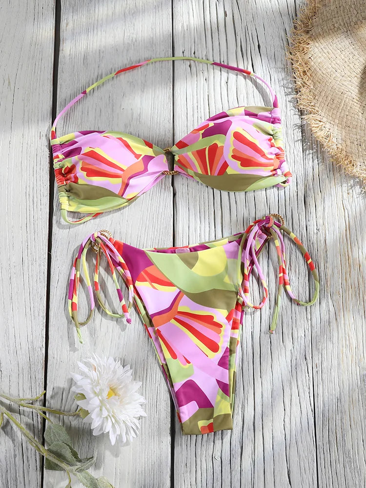 Set Bikini a Fascia da Donna con Pieghe, Costume da Bagno Sexy con Laccetti, Bikini Brasiliano con Bendaggio, Abbigliamento da Spiaggia