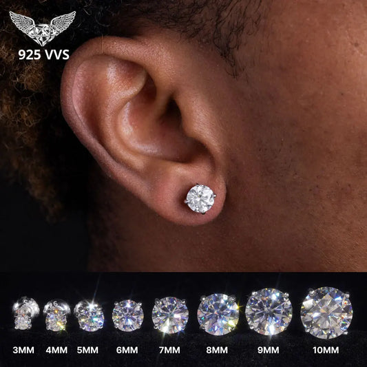 3/4/5/6/7/8/9/10mm D Colore VVS Moissanite Orecchini con perno S925 Sterling Silver Orecchini con filettatura Gioielli da sposa per uomo Donna