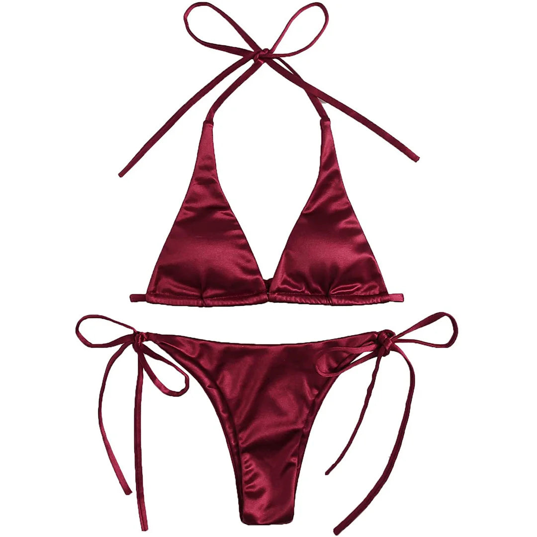 Sexy 13 colori Halter Satin Bikini brasiliano Donna Costumi da bagno Costume da bagno femminile Bikini a due pezzi Bagnante Costume da bagno Swim V4966