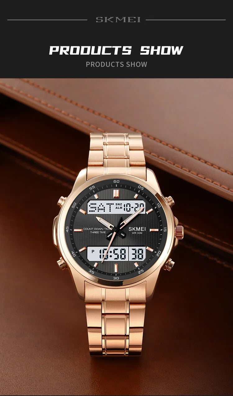 Skmei orologio da polso analogico al quarzo da uomo cinturino in acciaio inossidabile di lusso Led impermeabile digitale sportivo sveglia a tre fusi orari