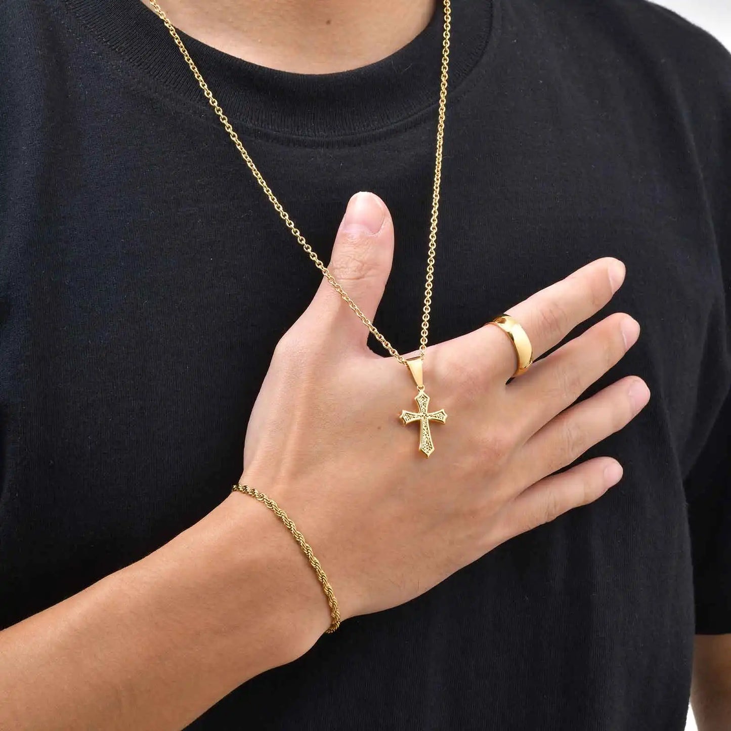Set di Gioielli Hip Hop da Uomo 3 Pezzi, Ciondolo a Croce in Acciaio Inossidabile, Bracciale con Catena a Corda Intrecciata, Set di Gioielli Regalo per Papà, Figlio, Marito