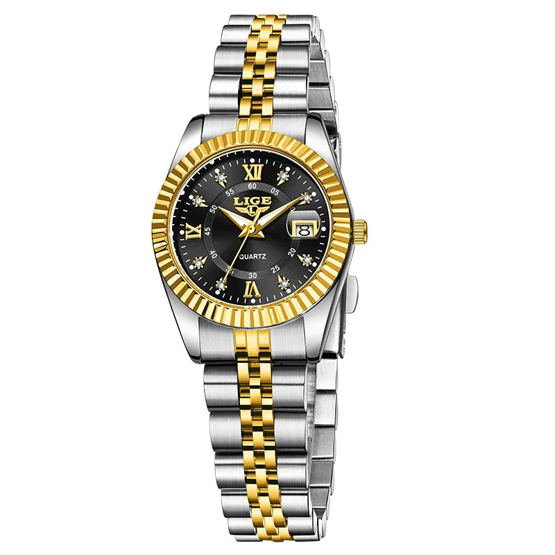 Orologio da Polso LIGE di Lusso con Strass per Donna, Cinturino in Acciaio Inossidabile, Movimento al Quarzo, Regalo, Reloj Mujer