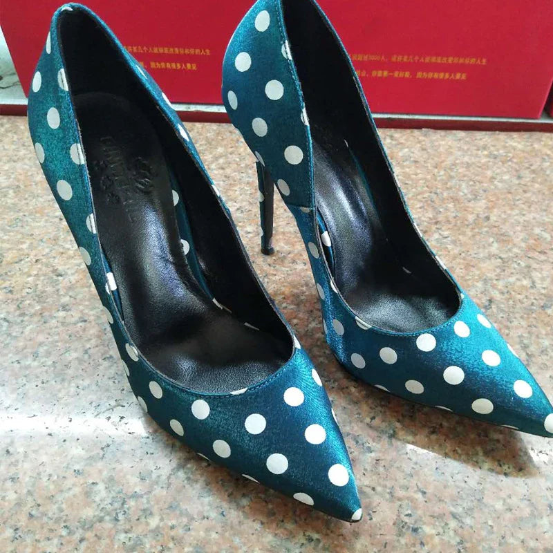 New round polka dot silk high heels with pointed toe, shallow mouth, thin heel 12cm Sexy French Girl Single Shoes