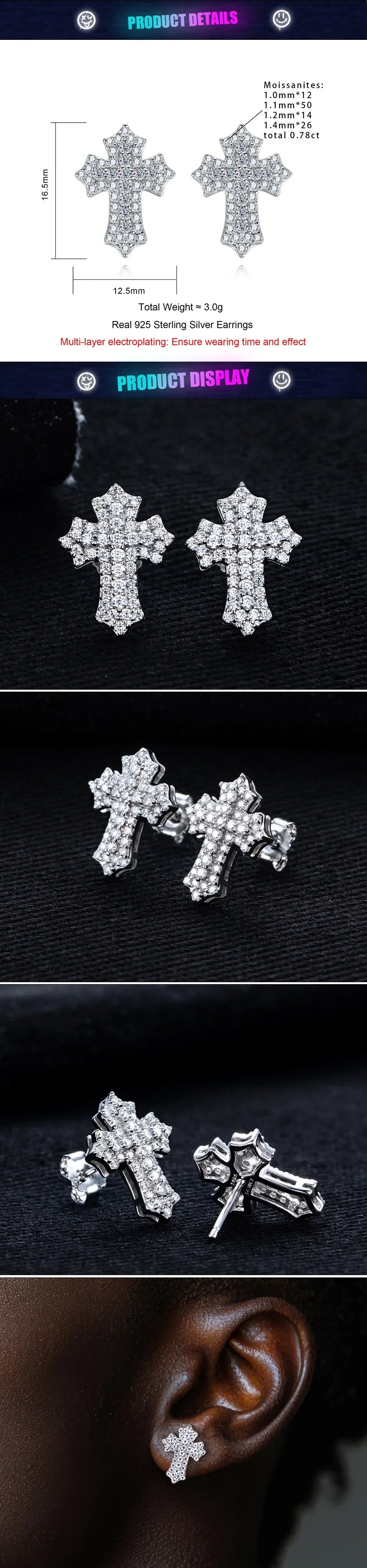 MossanRappr 0.78cttw Moissanite Iced out Croce Orecchini a bottone in argento sterling 925 D Colore Gioielli eleganti e alla moda per uomo