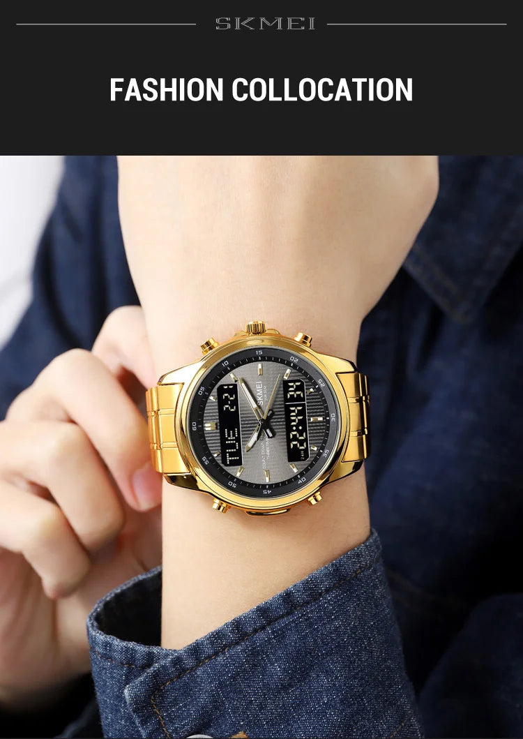Skmei orologio da polso analogico al quarzo da uomo cinturino in acciaio inossidabile di lusso Led impermeabile digitale sportivo sveglia a tre fusi orari