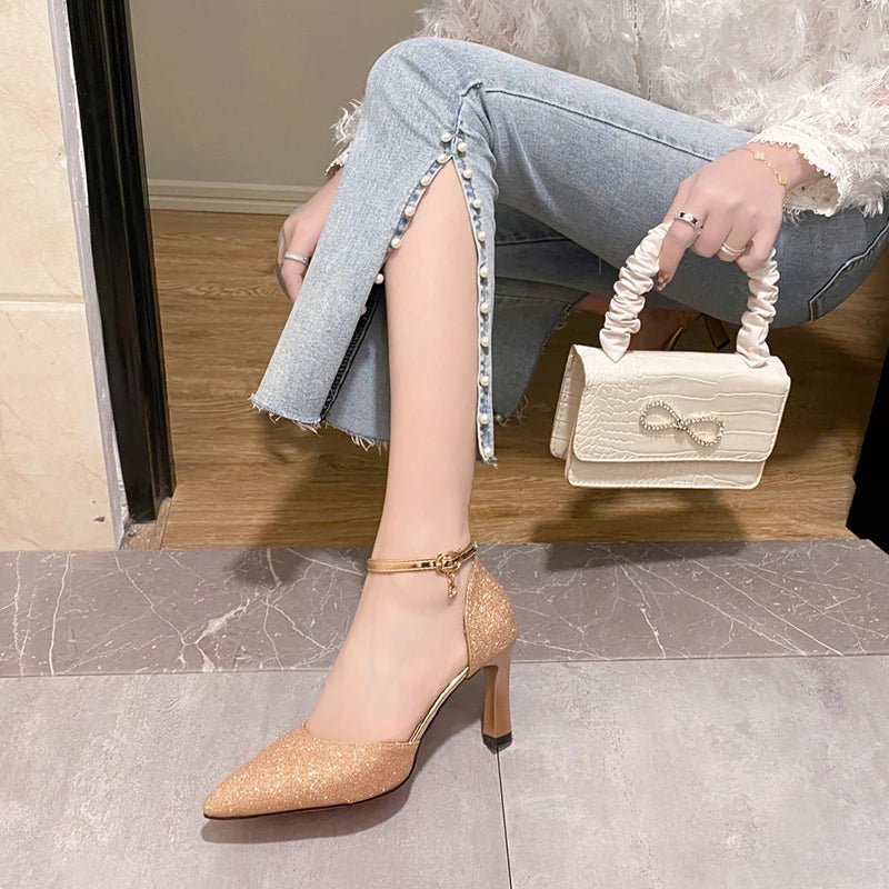 Bling Gold Silver Women Pumps 2023 Sexy Point Toe Thin Heel Party Wedding Shoes Womens Summer Ankle Strap 8cm High Heels Shoes