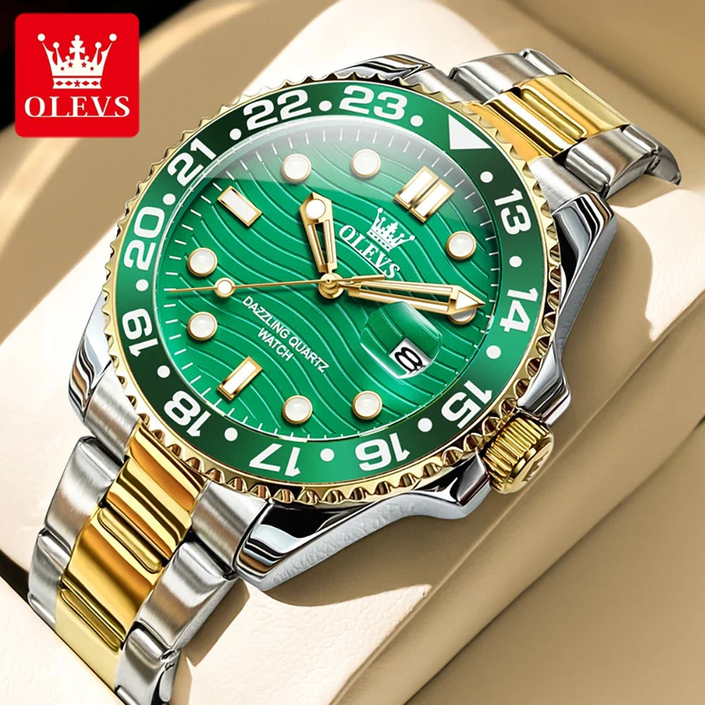 OLEVS Orologi da uomo Trend Luxury Cinturino in acciaio pregiato Grande data Orologio da polso al quarzo di marca originale per uomo Impermeabile luminoso 5885 Nuovo