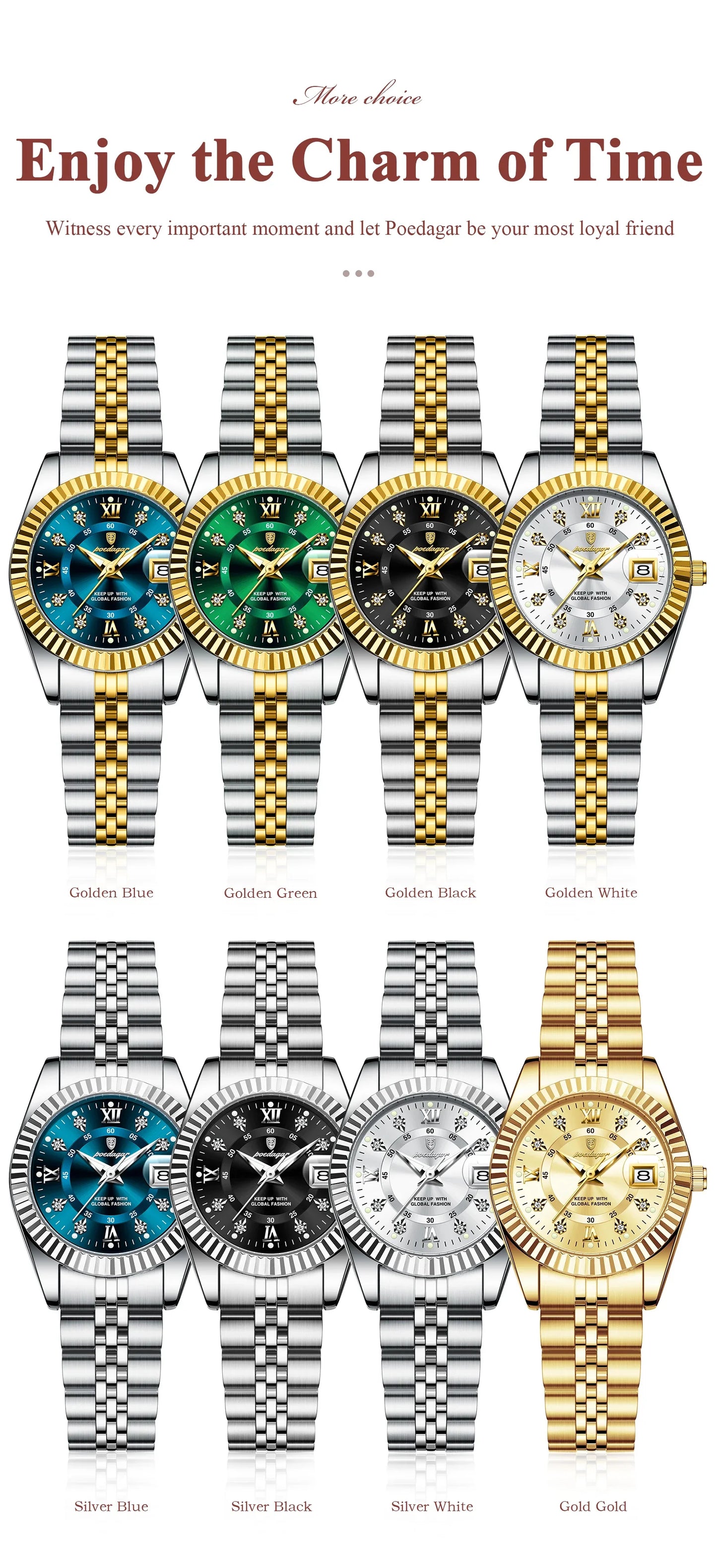 POEDAGAR Orologio da polso da donna alla moda Impermeabile Data luminosa Orologi da donna eleganti Orologio al quarzo in acciaio inossidabile per donna Reloj