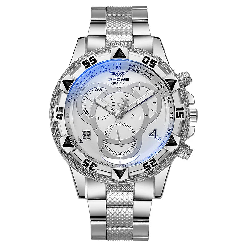 Orologio al quarzo da uomo di lusso Orologio da polso da uomo d'affari classico Quadrante grande Striscia di acciaio legato Orologio al quarzo da uomo a tre occhi con luce blu