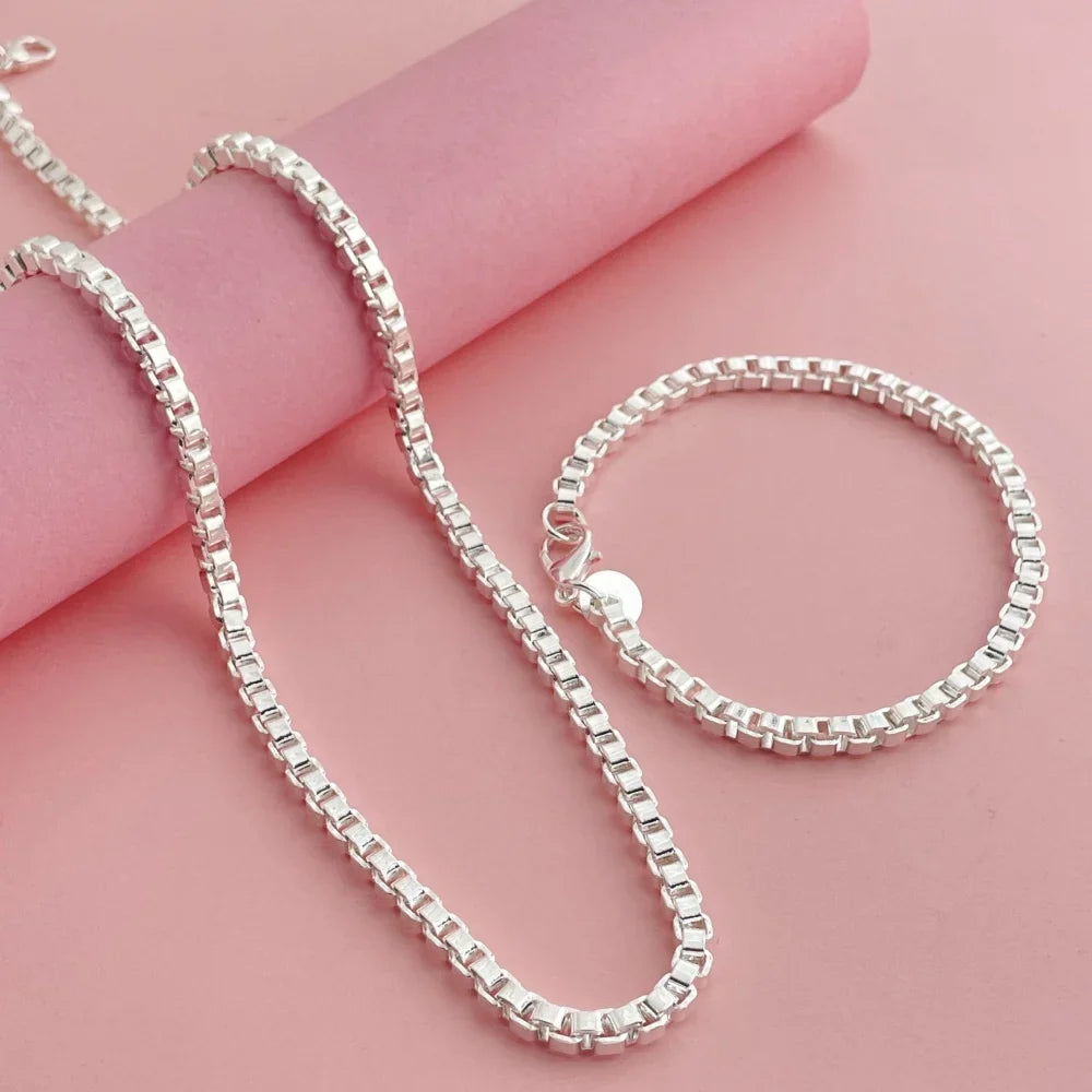 Andara Set di collana e bracciale a catena quadrata in argento sterling 925 da 4 mm per gioielli da festa per uomini e donne