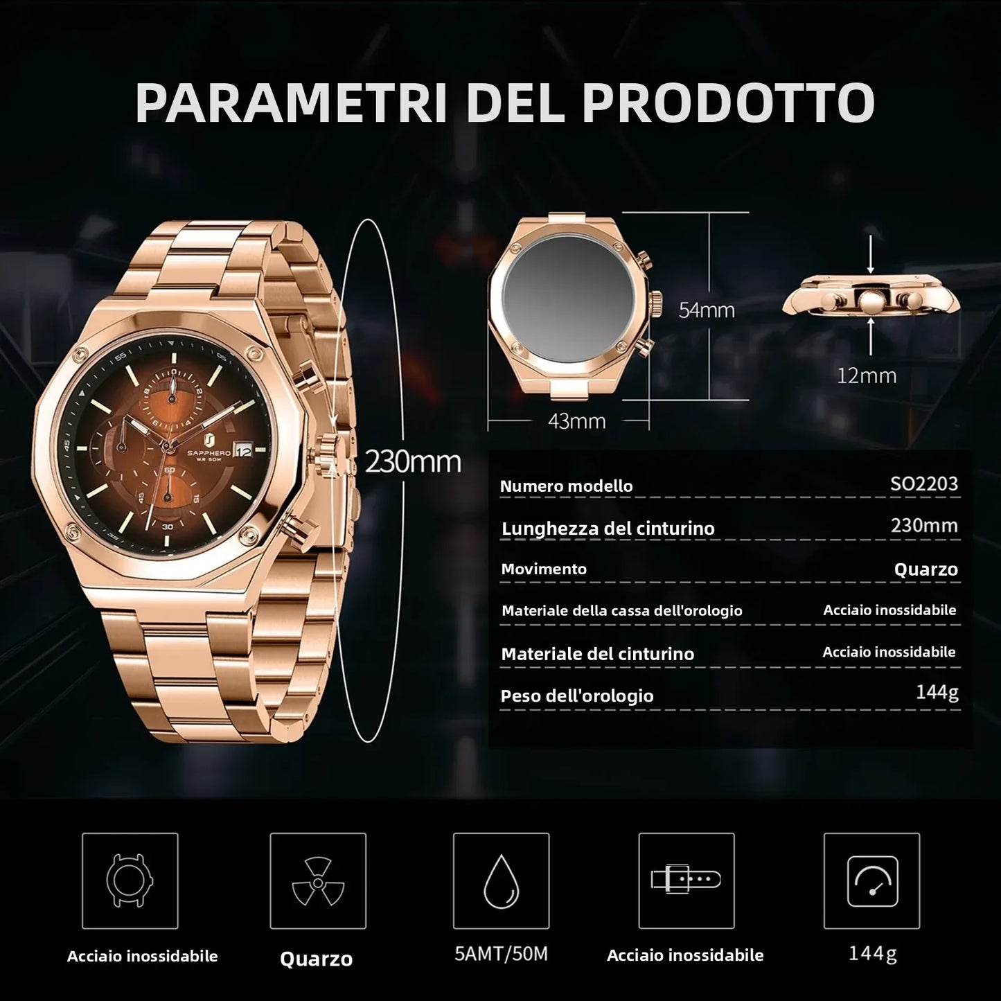 SAPHERO Orologio Cronografo Uomo al Quarzo 5ATM Impermeabile Acciaio Inox con Data, Regalo Perfetto per Padre, Marito, Fidanzato per Natale, Compleanno, San Valentino