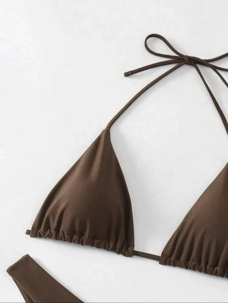Costume da bagno bikini a perizoma da donna sexy, tinta unita bianco/nero/caffè, con laccetti, stile brasiliano, nuovo, in doppio tessuto, per la spiaggia