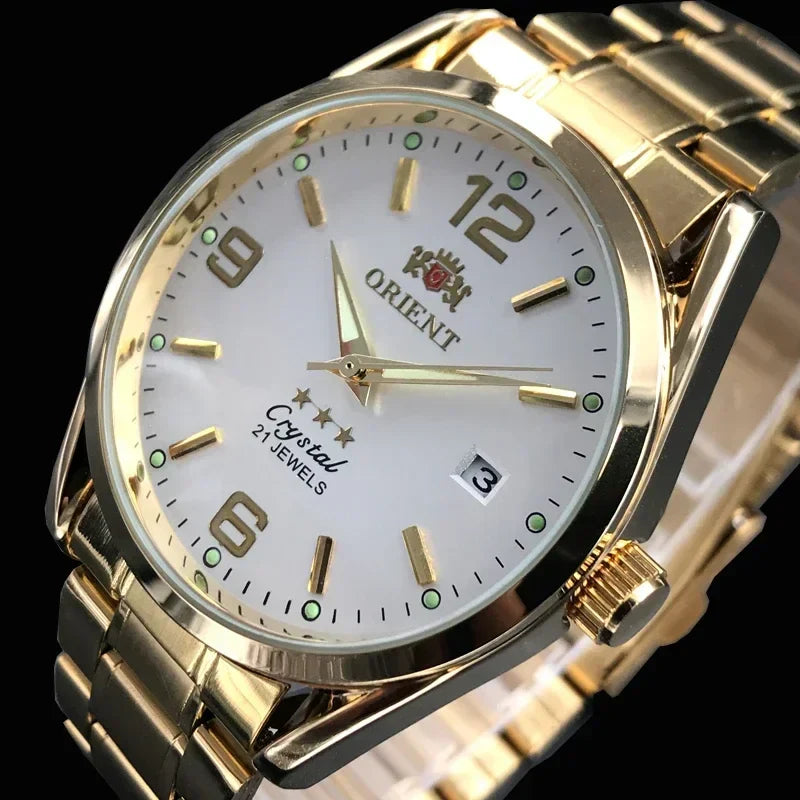 Orient Double Lion Classic Watch Series Orologio da uomo con cinturino in acciaio inossidabile Tourbillon meccanico automatico multifunzione di lusso