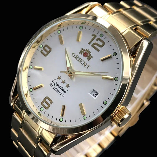 Orient Double Lion Classic Watch Series Orologio da uomo con cinturino in acciaio inossidabile Tourbillon meccanico automatico multifunzione di lusso