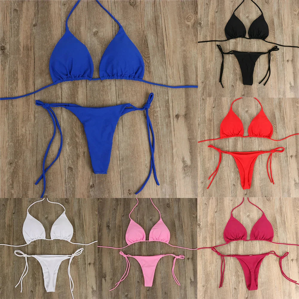Nuove donne sexy appeso al collo perizoma bikini set cravatta laterale costume da bagno stile fasciatura cinturino diviso solido set costume da bagno da donna regolabile