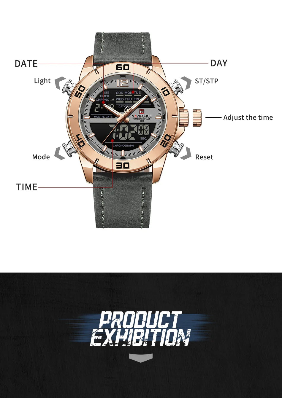 NAVIFORCE Orologio alla moda da uomo con cinturino in vera pelle Movimento al quarzo resistente all'acqua 30M Display luminoso con giorno e data F